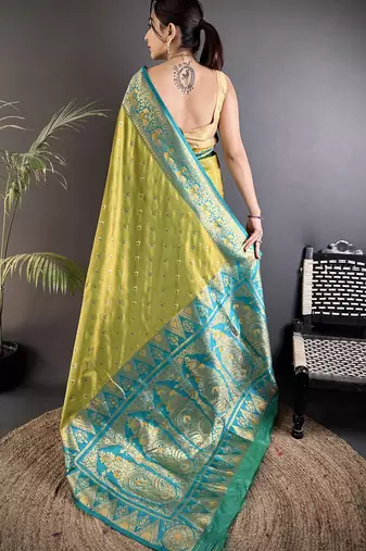 pista green soft silk blend intricate motifs zari weaving banarasi saree with contrast weaving border