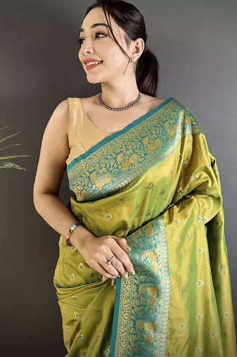 pista green soft silk blend intricate motifs zari weaving banarasi saree with contrast weaving border