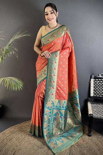 coral pink soft silk blend intricate motifs zari weaving banarasi saree with contrast weaving border