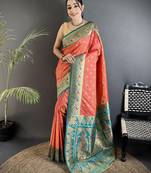 coral pink soft silk blend intricate motifs zari weaving banarasi saree with contrast weaving border