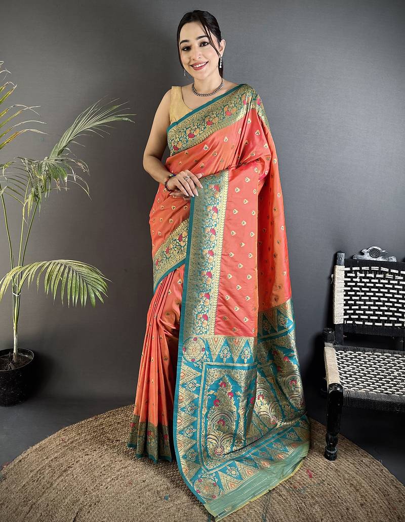 coral pink soft silk blend intricate motifs zari weaving banarasi saree with contrast weaving border