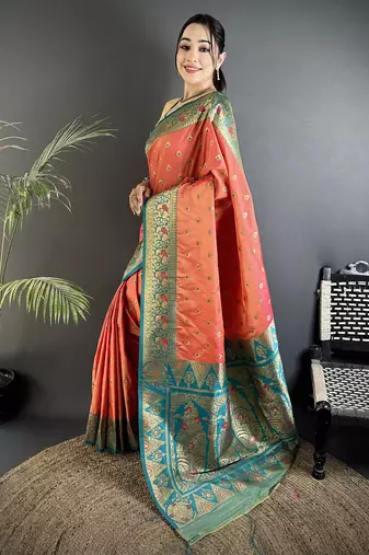 coral pink soft silk blend intricate motifs zari weaving banarasi saree with contrast weaving border