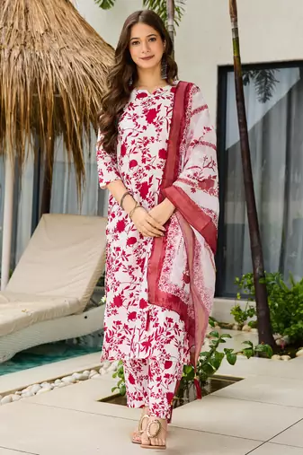 White & pink silk blend floral printed kurta pant set with dupatta for festive wear
