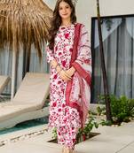 White & pink silk blend floral printed kurta pant set with dupatta for festive wear