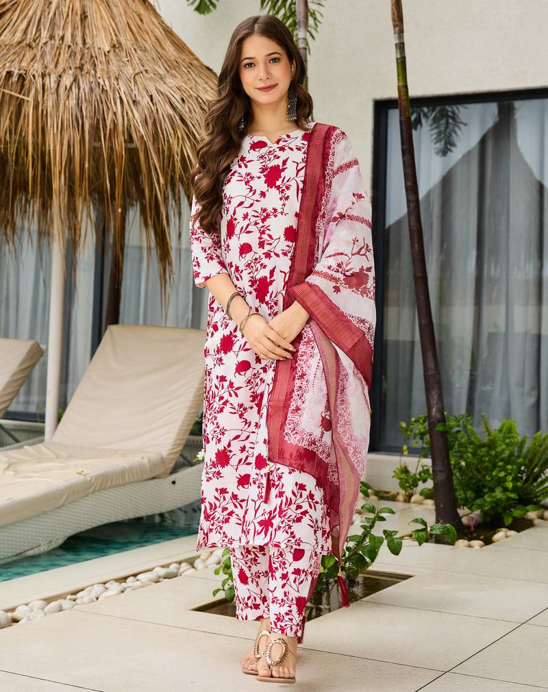 White & pink silk blend floral printed kurta pant set with dupatta for festive wear