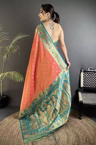 coral pink soft silk blend intricate motifs zari weaving banarasi saree with contrast weaving border