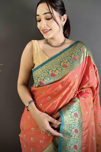 coral pink soft silk blend intricate motifs zari weaving banarasi saree with contrast weaving border