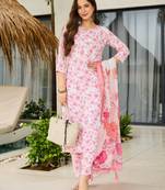 White & pink silk blend floral printed kurta pant set with dupatta for festive wear