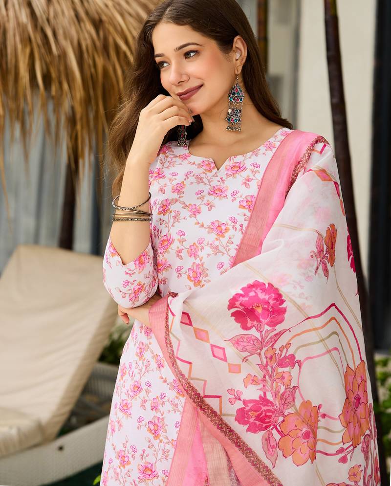 White & pink silk blend floral printed kurta pant set with dupatta for festive wear