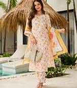 White & yellow silk blend floral printed kurta pant set with dupatta for festive wear