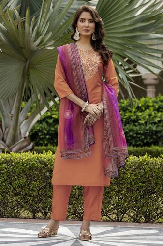 Rayon orange embroidered readymade salwar kameez