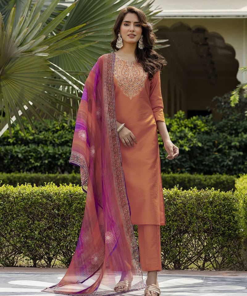 Rayon orange embroidered readymade salwar kameez