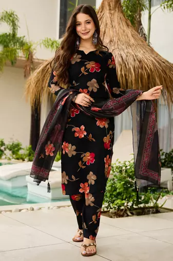 Black silk blend floral printed kurta pant set with dupatta for festive wear