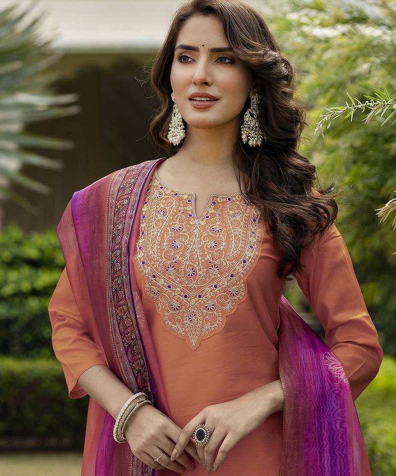 Rayon orange embroidered readymade salwar kameez