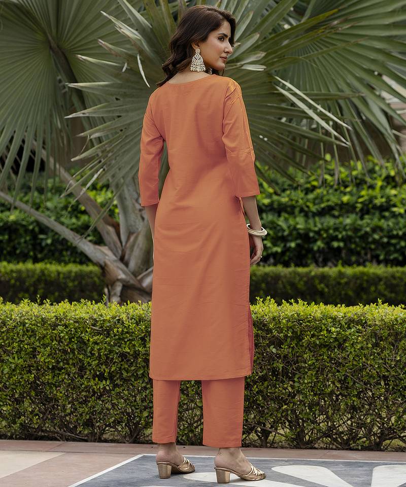 Rayon orange embroidered readymade salwar kameez