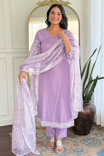 Rayon readymade salwar suit in lavender with embroidered work for ceremonial