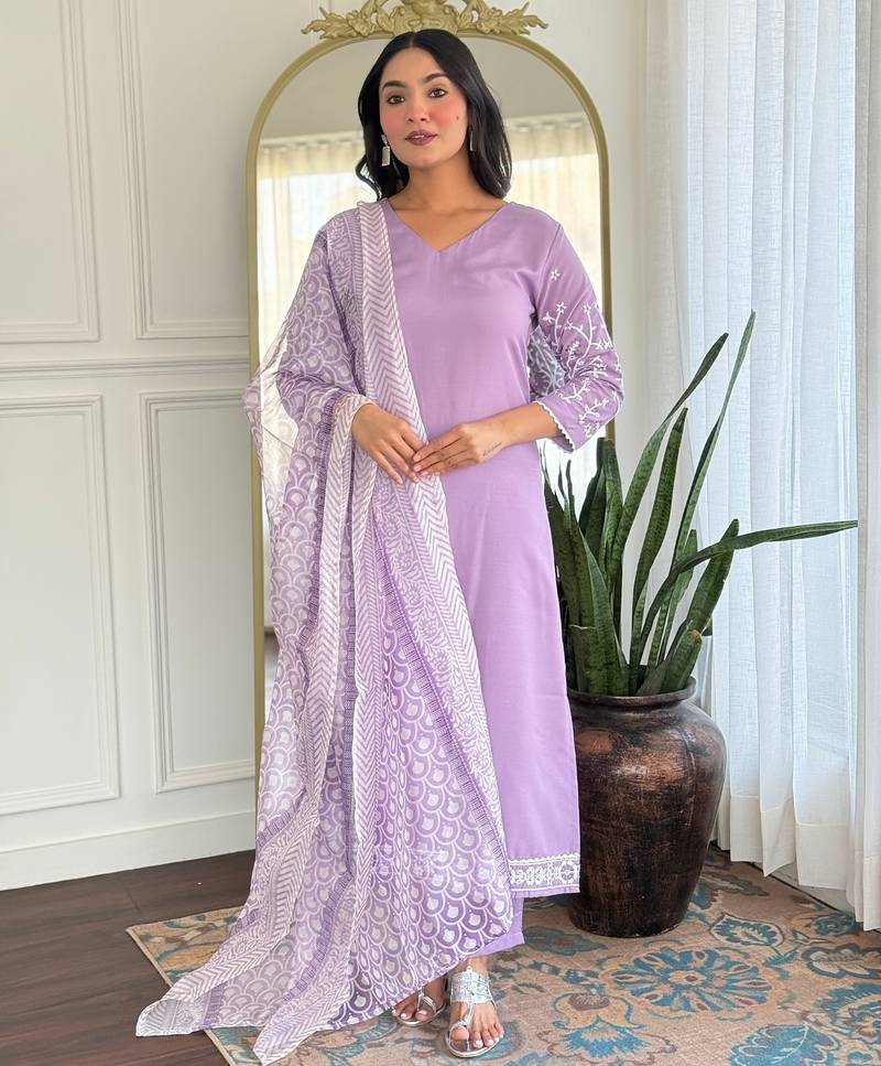 Rayon readymade salwar suit in lavender with embroidered work for ceremonial