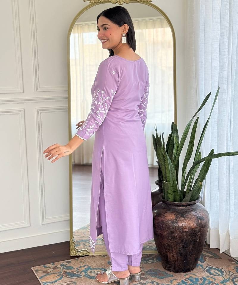Rayon readymade salwar suit in lavender with embroidered work for ceremonial