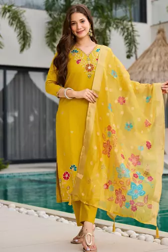 Embroidered mustard viscose party readymade salwar kameez