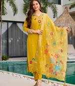 Embroidered mustard viscose party readymade salwar kameez