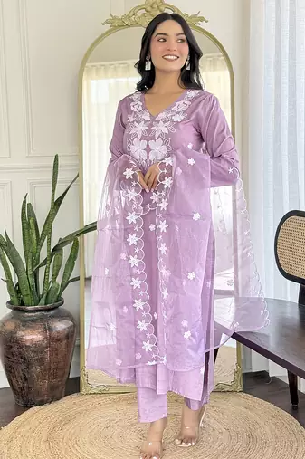 Lavender rayon readymade salwar suit with embroidered work for festival