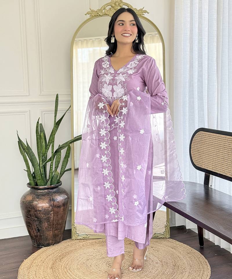 Lavender rayon readymade salwar suit with embroidered work for festival
