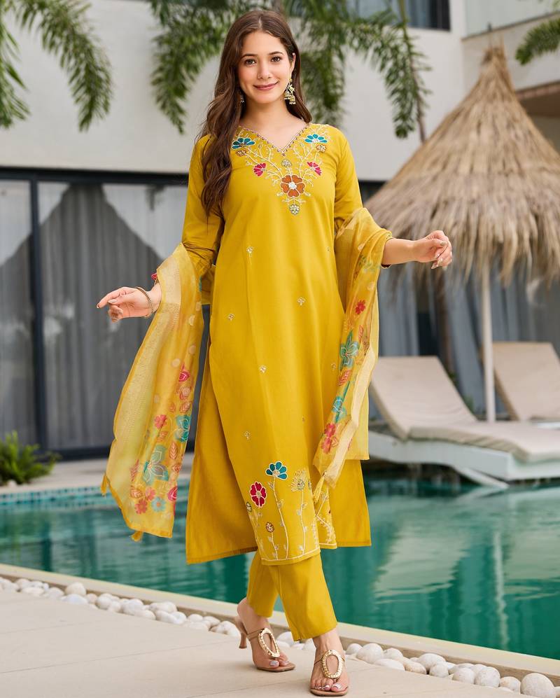 Embroidered mustard viscose party readymade salwar kameez