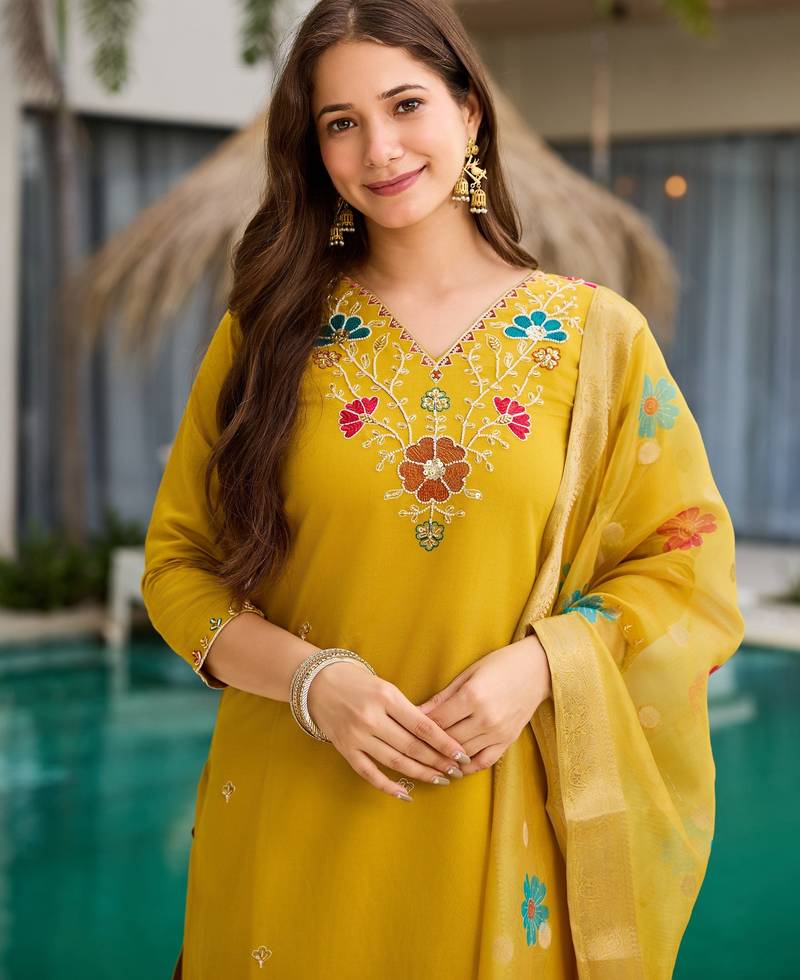 Embroidered mustard viscose party readymade salwar kameez