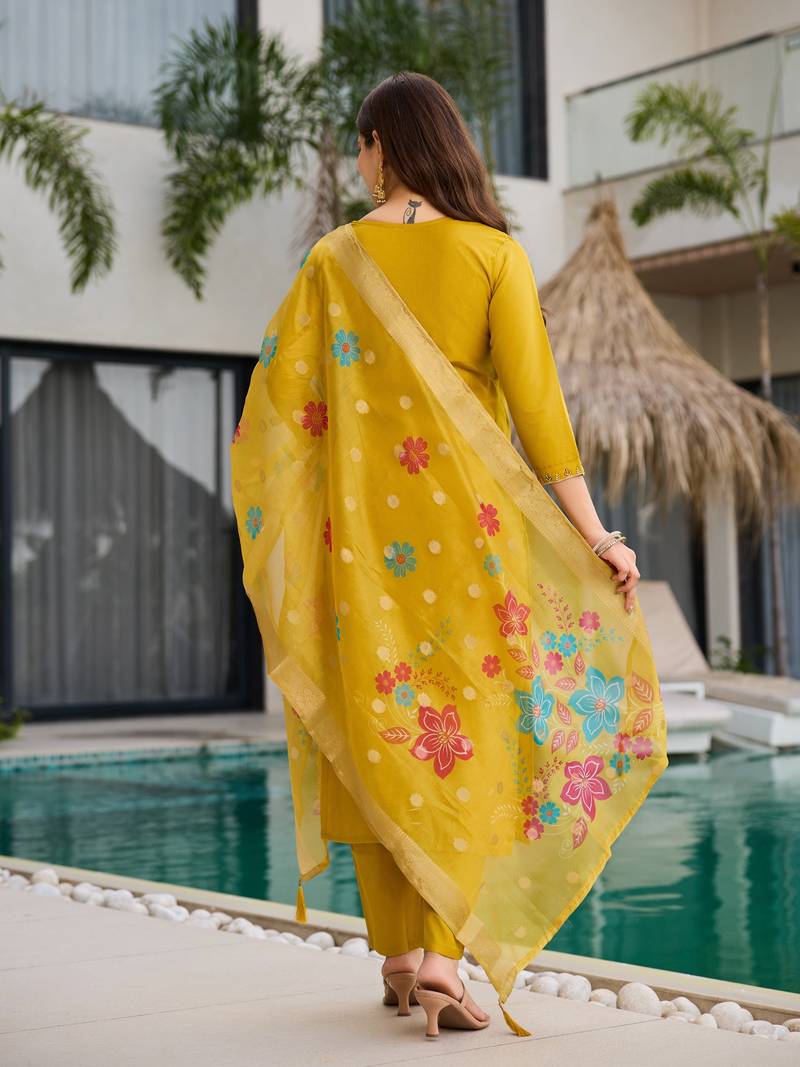 Embroidered mustard viscose party readymade salwar kameez