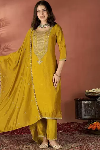 Embroidered mustard vichitra silk readymade salwar kameez