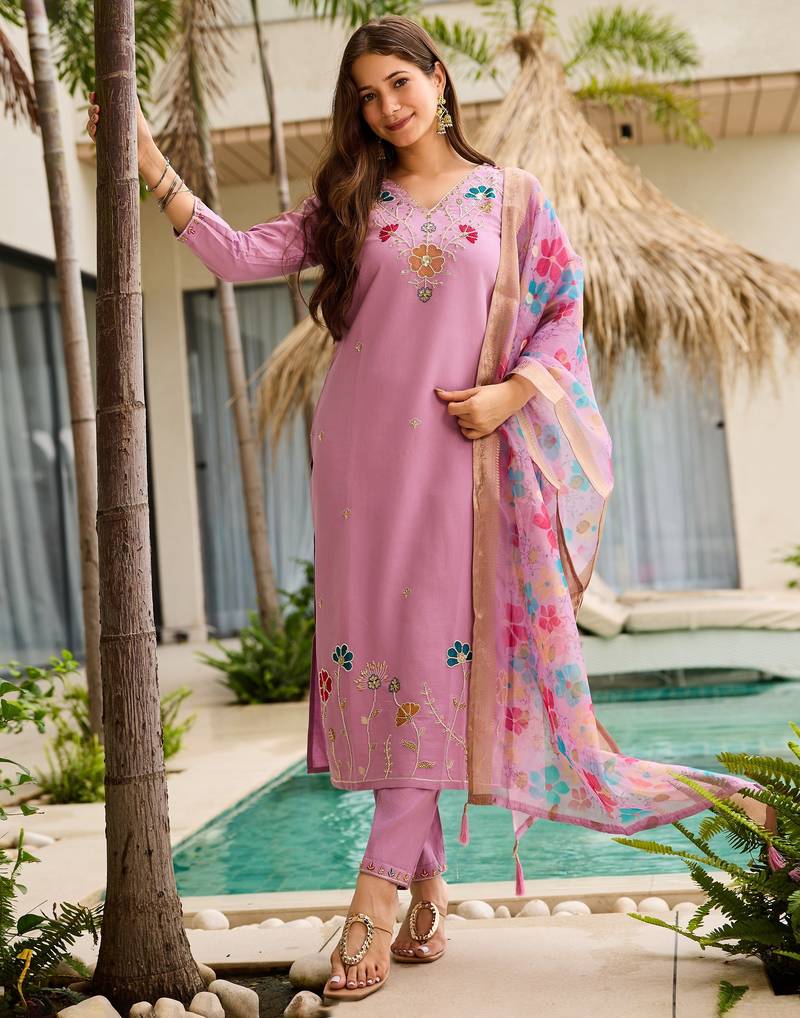 Embroidered pink viscose party readymade salwar kameez