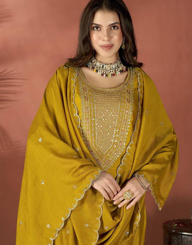 Embroidered mustard vichitra silk readymade salwar kameez