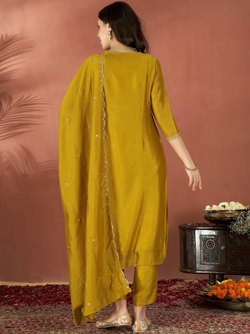 Embroidered mustard vichitra silk readymade salwar kameez