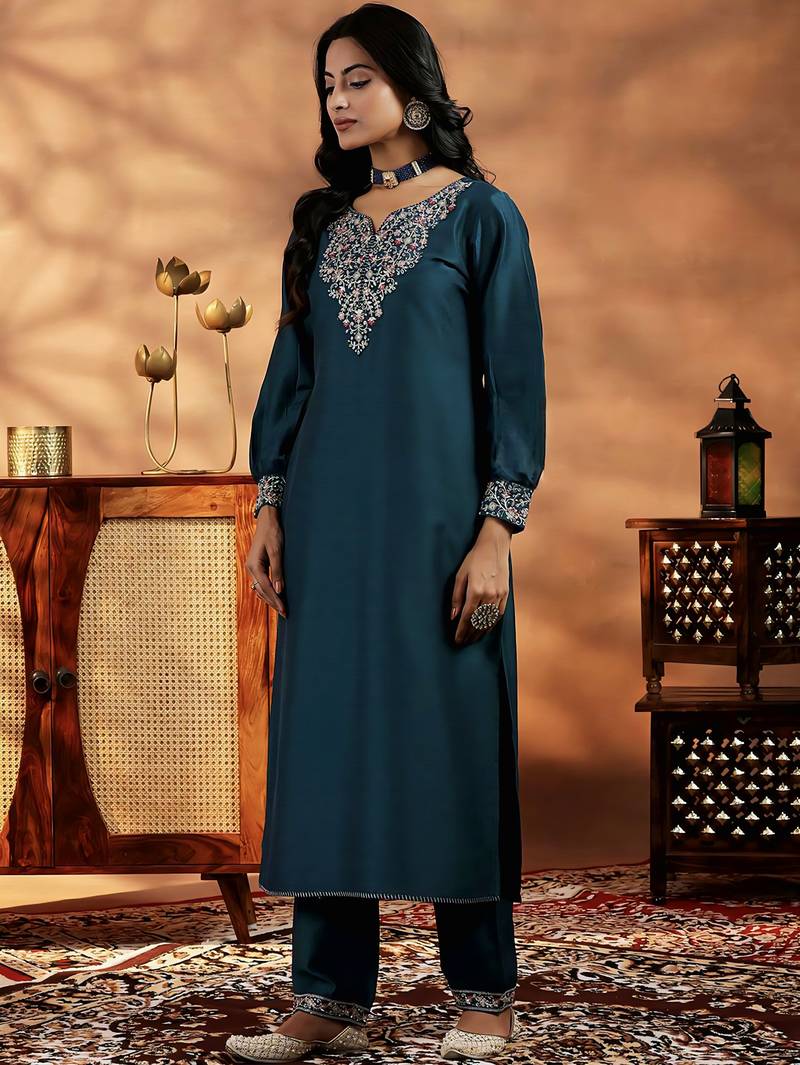 Embroidered dark teal  vichitra silk readymade salwar kameez