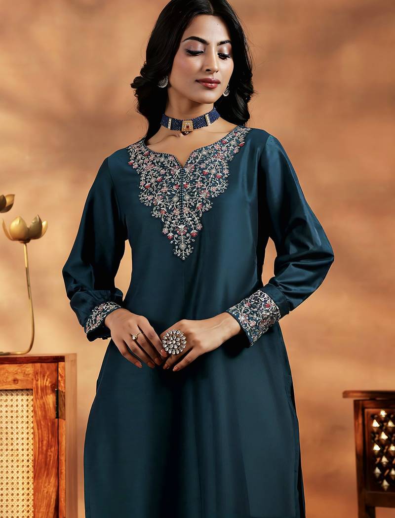 Embroidered dark teal  vichitra silk readymade salwar kameez