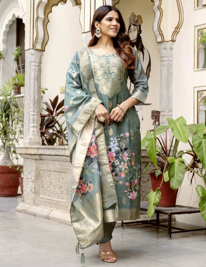 Grey viscose chanderi cotton kurta set with intricate zari work and solid bottom designer festive style