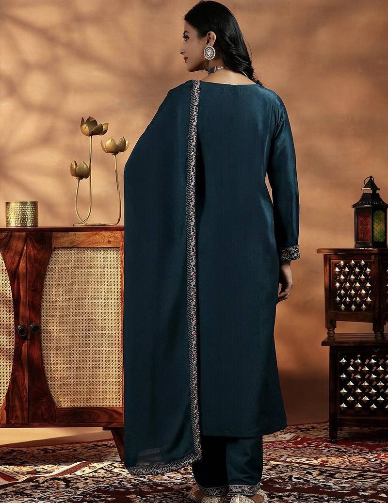 Embroidered dark teal  vichitra silk readymade salwar kameez