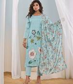 Women sky blue floral printed regular silk crepe kurta with trousers & with dupatta