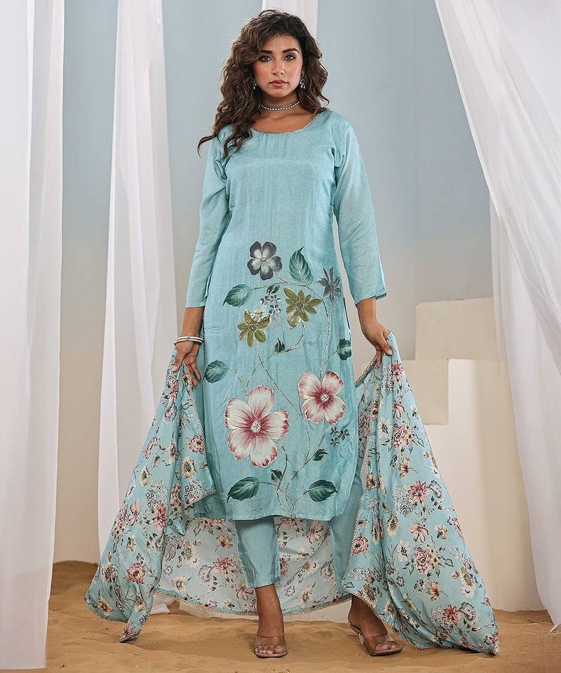 Women sky blue floral printed regular silk crepe kurta with trousers & with dupatta