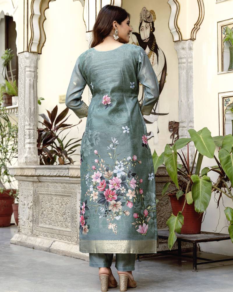 Grey viscose chanderi cotton kurta set with intricate zari work and solid bottom designer festive style