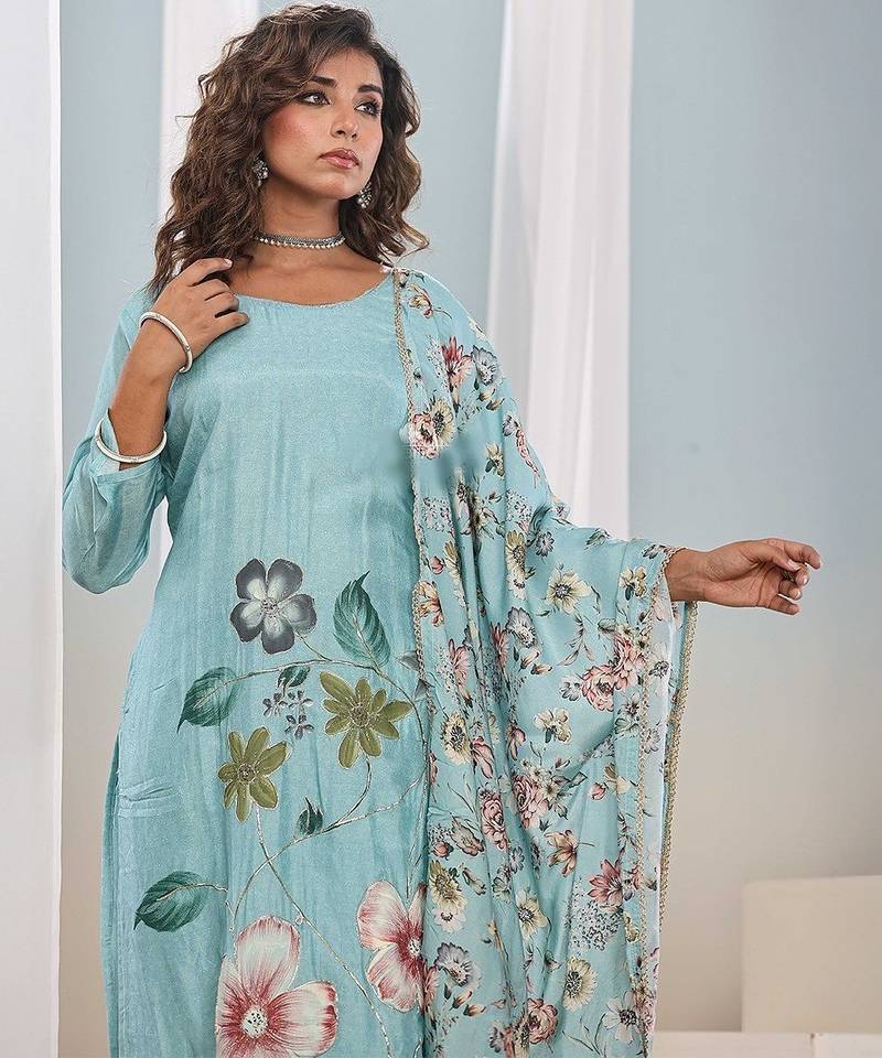 Women sky blue floral printed regular silk crepe kurta with trousers & with dupatta