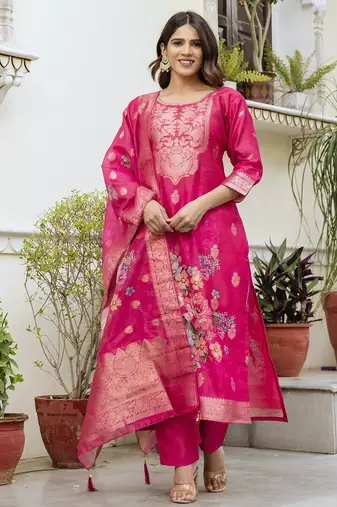 Rani pink viscose chanderi cotton kurta set with intricate zari work and solid bottom designer festive style