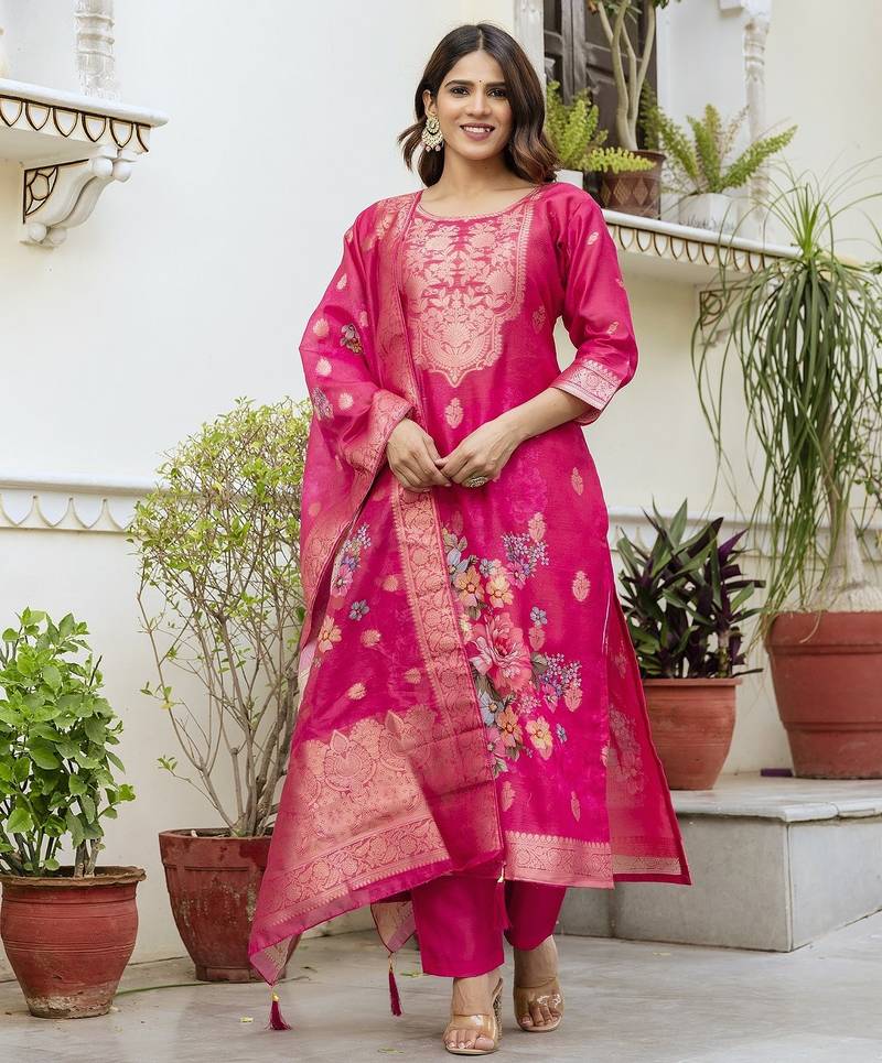 Rani pink viscose chanderi cotton kurta set with intricate zari work and solid bottom designer festive style