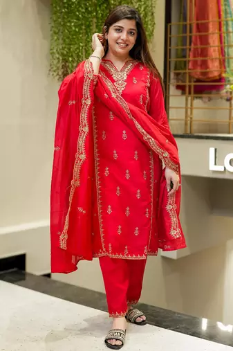 Red embroidered chanderi silk trendy straight salwar kameez