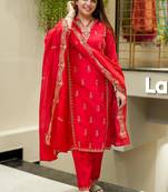 Red embroidered chanderi silk trendy straight salwar kameez