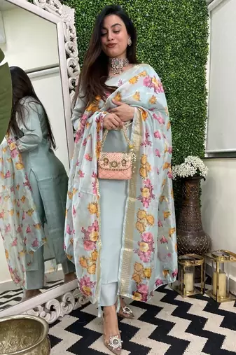 Sky blue embroidered viscose chanderi trendy salwar kameez