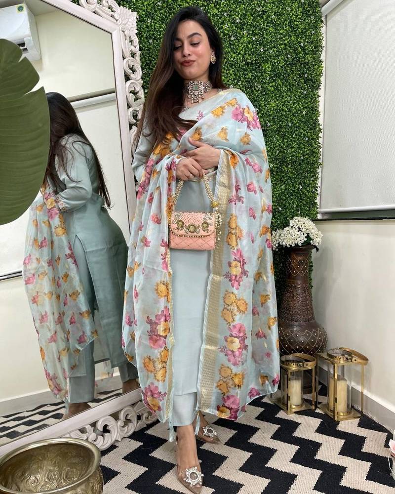 Sky blue embroidered viscose chanderi trendy salwar kameez