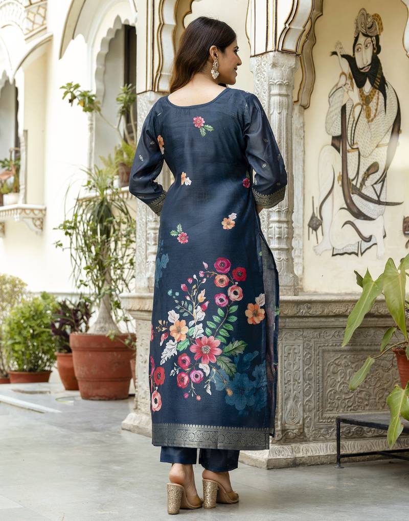 Navy blue. viscose chanderi cotton kurta set with intricate zari work and solid bottom designer festive style