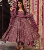 Onion pink reyon printed anarkali kurti plazzo dupatta set