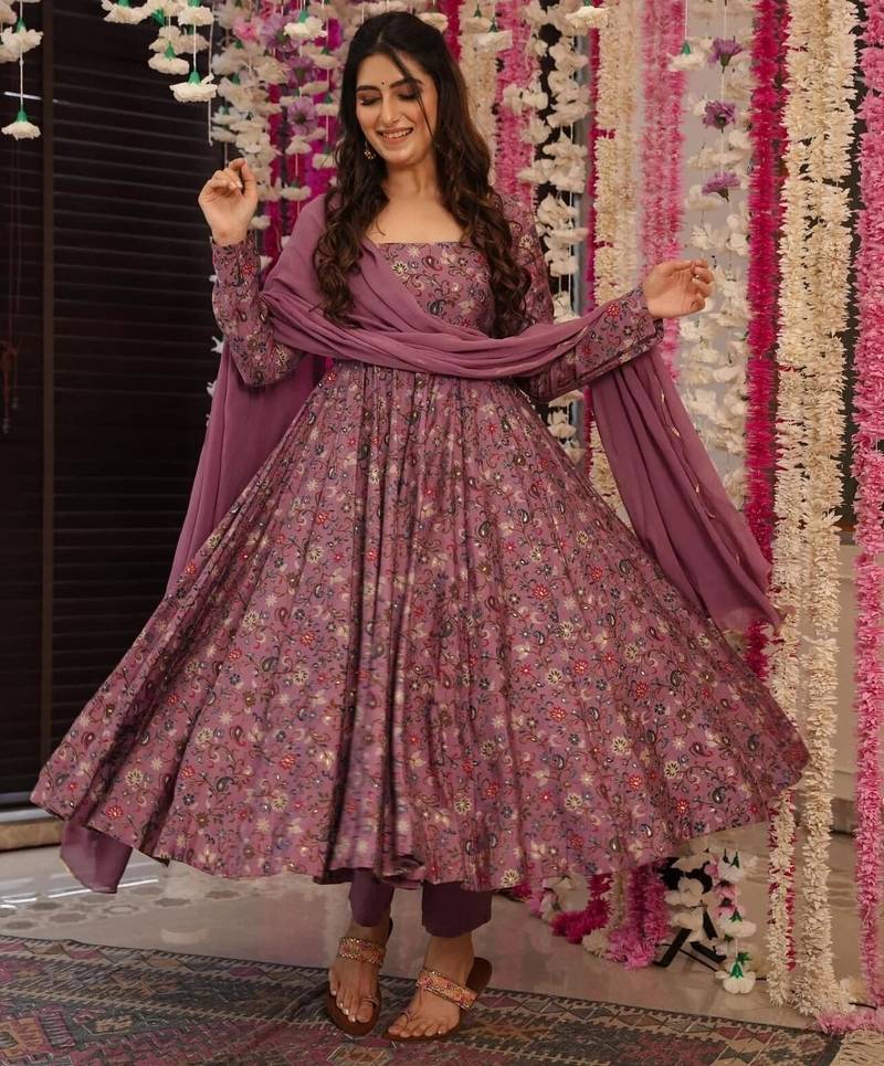 Onion pink reyon printed anarkali kurti plazzo dupatta set